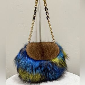 Unique Colorful Real Mink Fur with Finn Raccoon Fur Bag Includes 2 Strap Styles